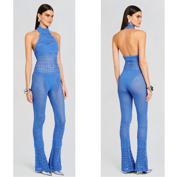 Retrofete Kalena Knit Crochet Tropical Blue Flared Jumpsuit Size Small - Picture 5 of 12